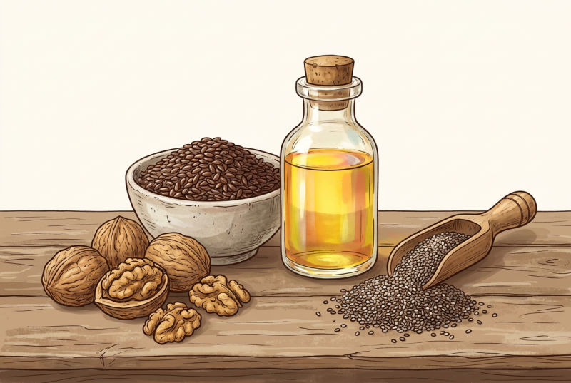 Vegane Omega-3-Quellen: Leinöl, Leinsamen, Chiasamen und Walnüsse